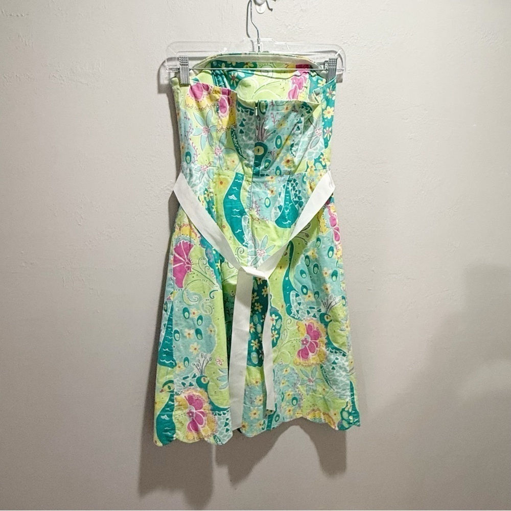 LILLY PULITZER Women’s Strapless Belted Dress SOUTHERN BELLE Peacock Print Sz 0 - Picture 2 of 6